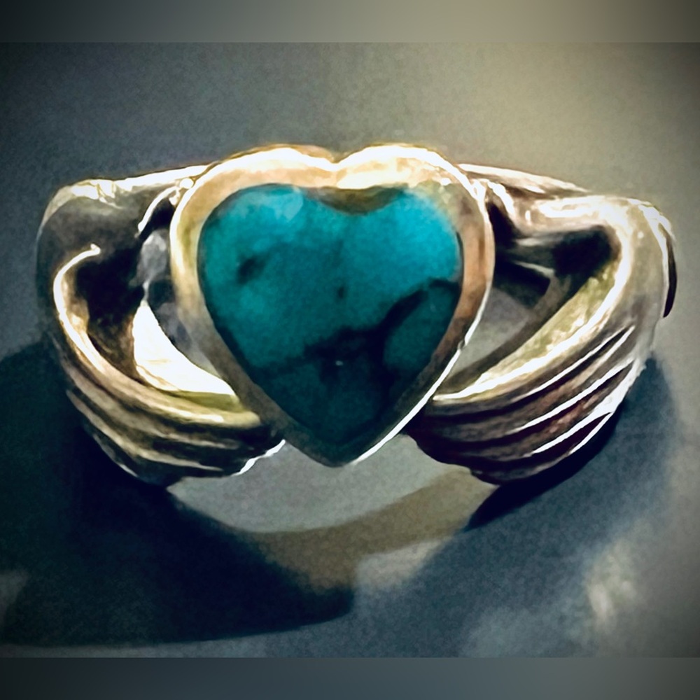 Vintage 925 Sterling Turquoise Fede Claddagh Ring Sz 6 - Picture 2 of 7